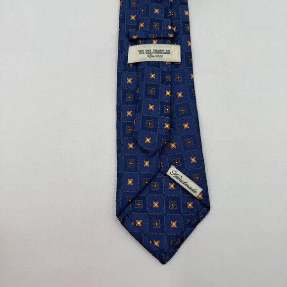 W.H. Belk Handmade 100% Silk Blue Tie With Orange & Yellow Floral Geometric - Picture 3 of 6